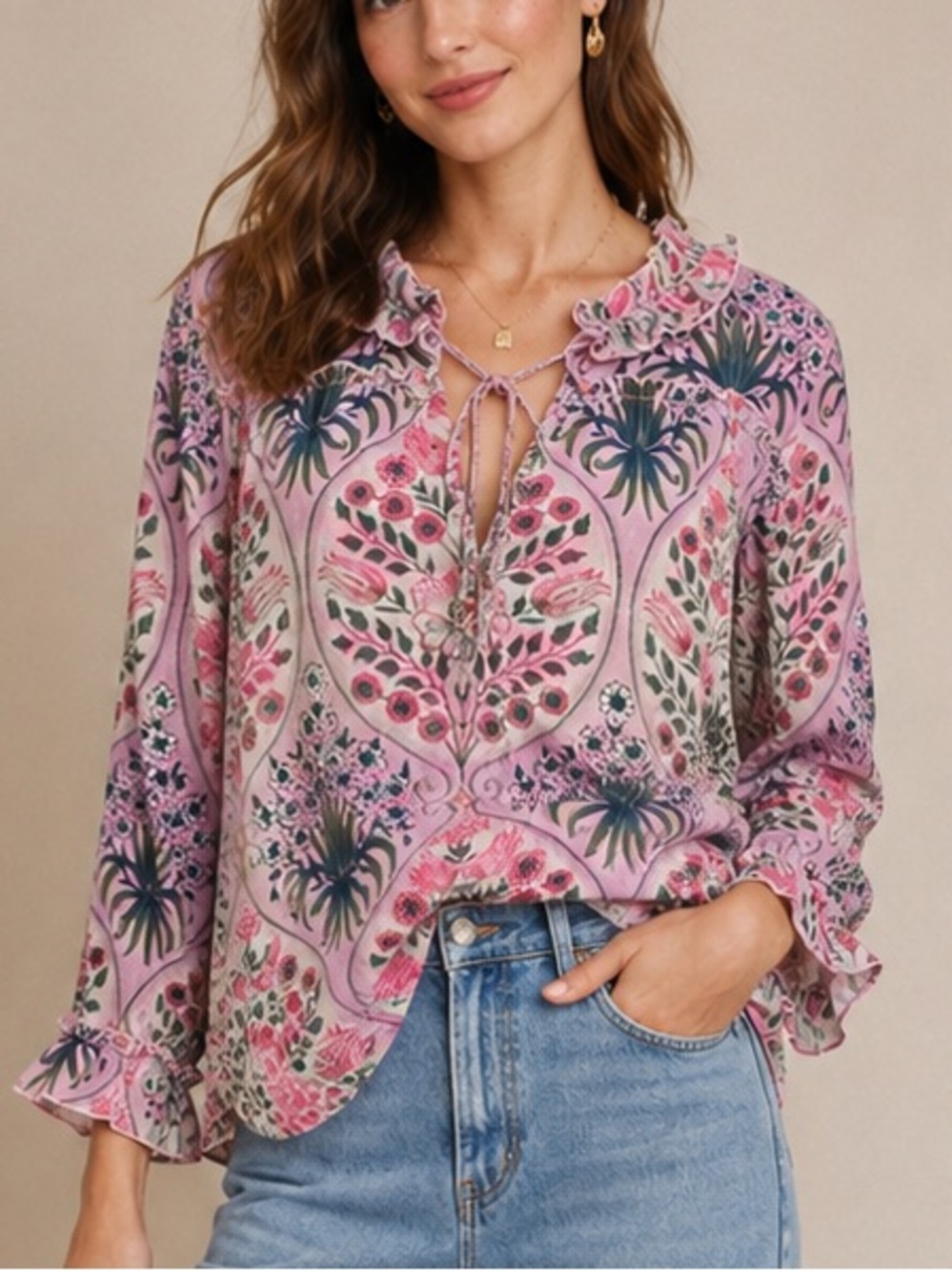 Boho Airy Floral Ruffle Neck Blouse. Size L